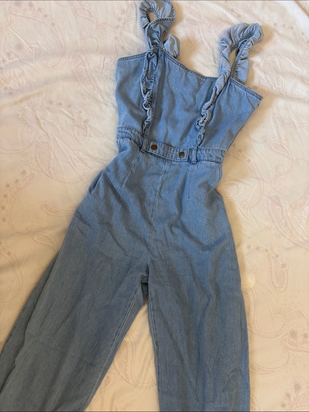 Light Blue Denim Jumpsuit Jeans with Ruffled Straps